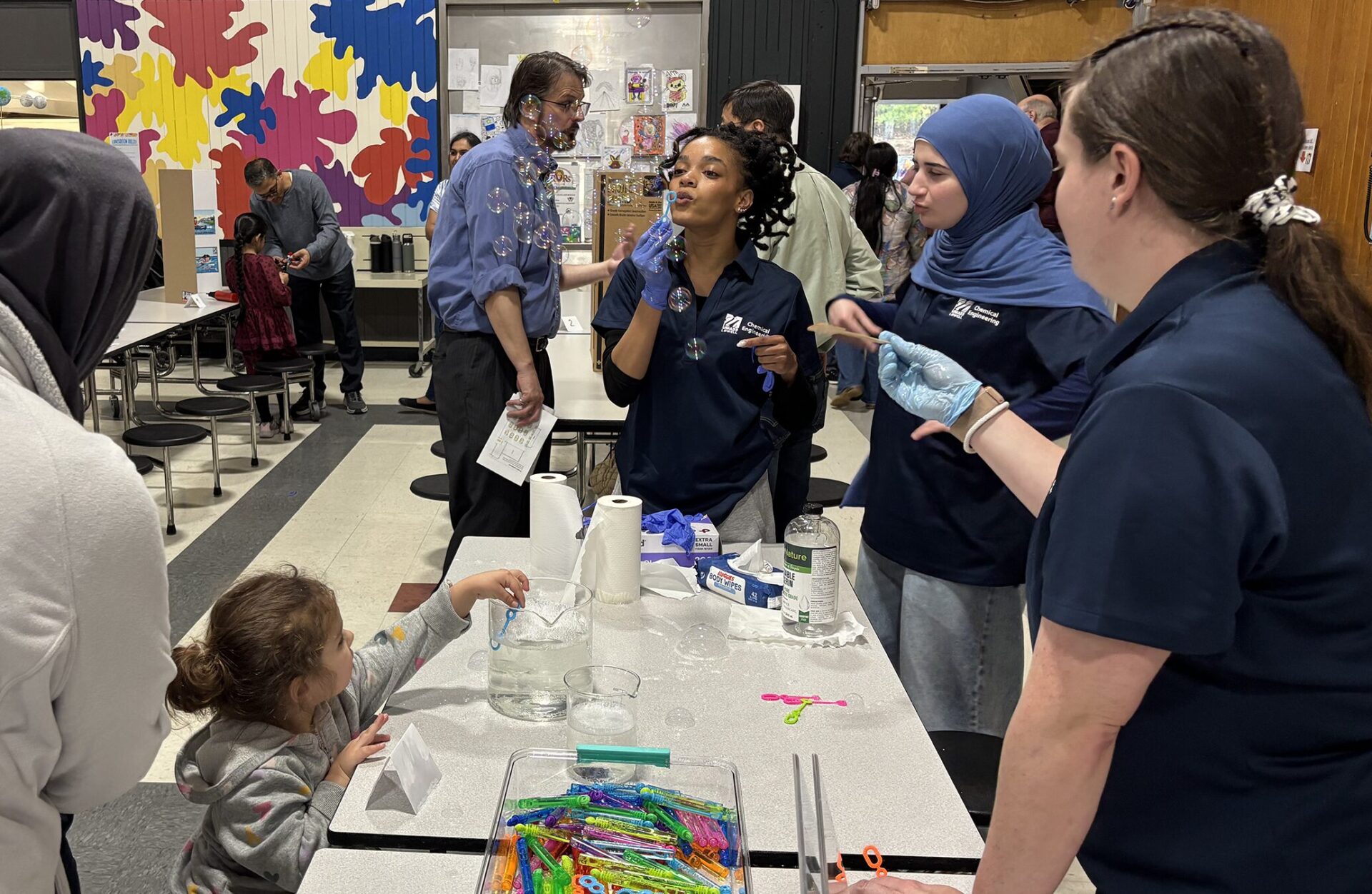 One of the activity stations at the Harrington Elementary School STEAM Fair featured bubble blowing.