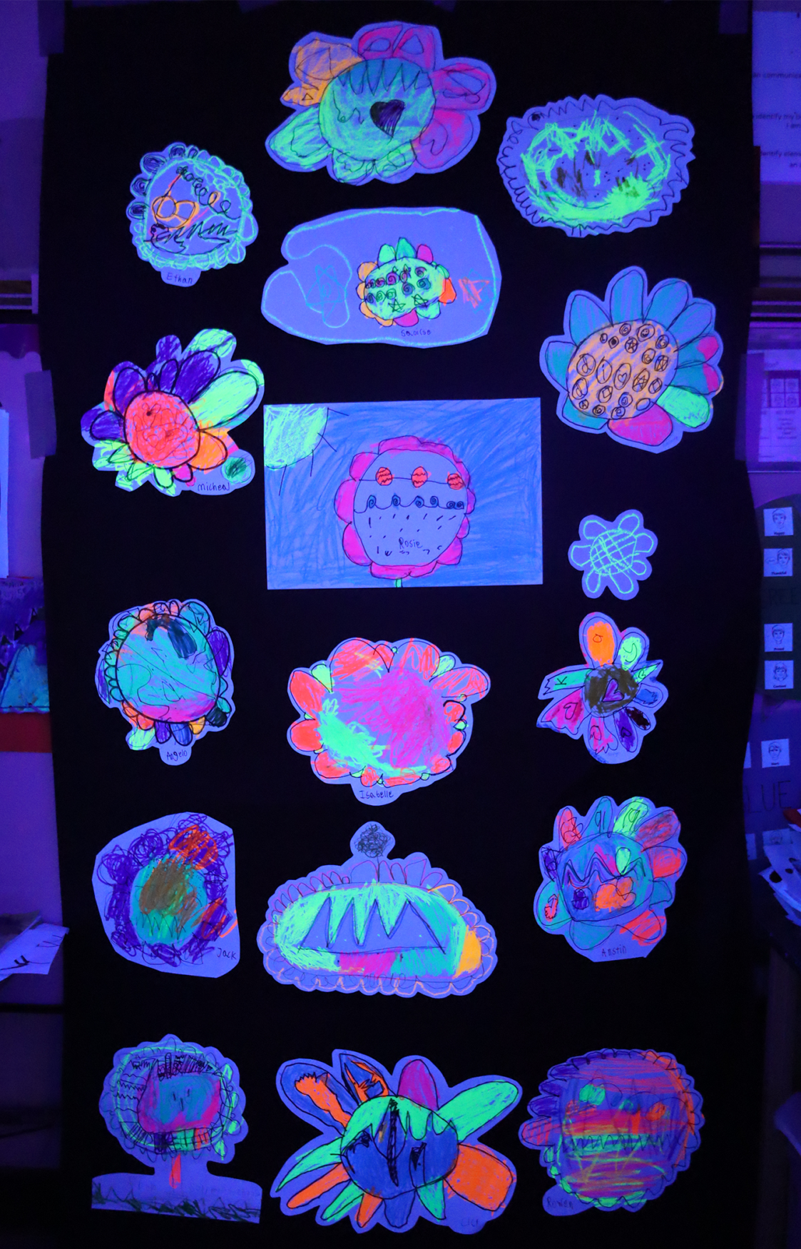 The art room at Harrington Elementary School was transformed into a glow-in-the-dark rainforest during the Celebration of the Arts event on Wednesday, May 22, 2026.